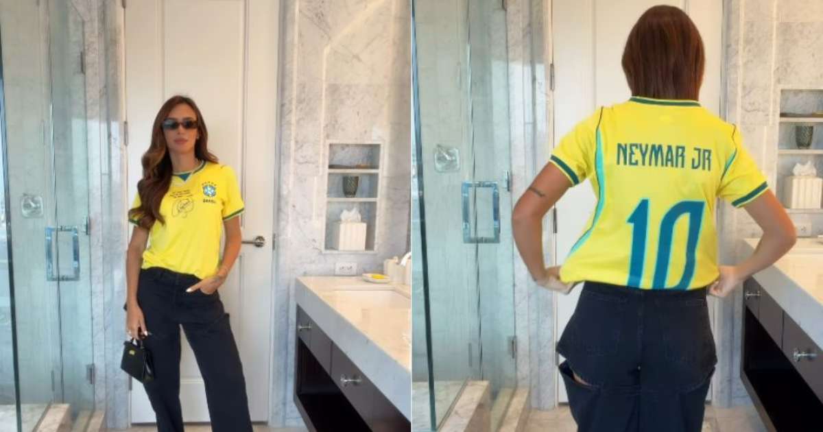 ‘Basiquinha de hoje’: Bruna Biancardi usa camisa do Neymar com dedicatória para jogo contra o Japão