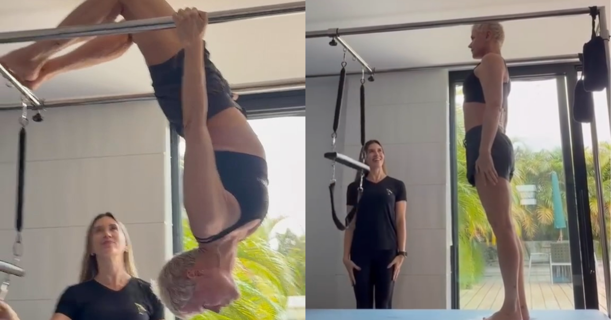 Xuxa mostra treino de pilates e brinca com polêmica da virilha