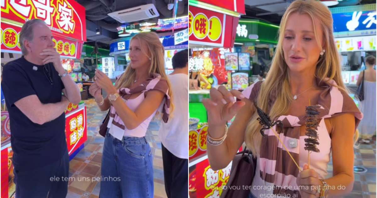 Ana Paula Siebert tenta convencer Roberto Justus a comer escorpião e grilo na China