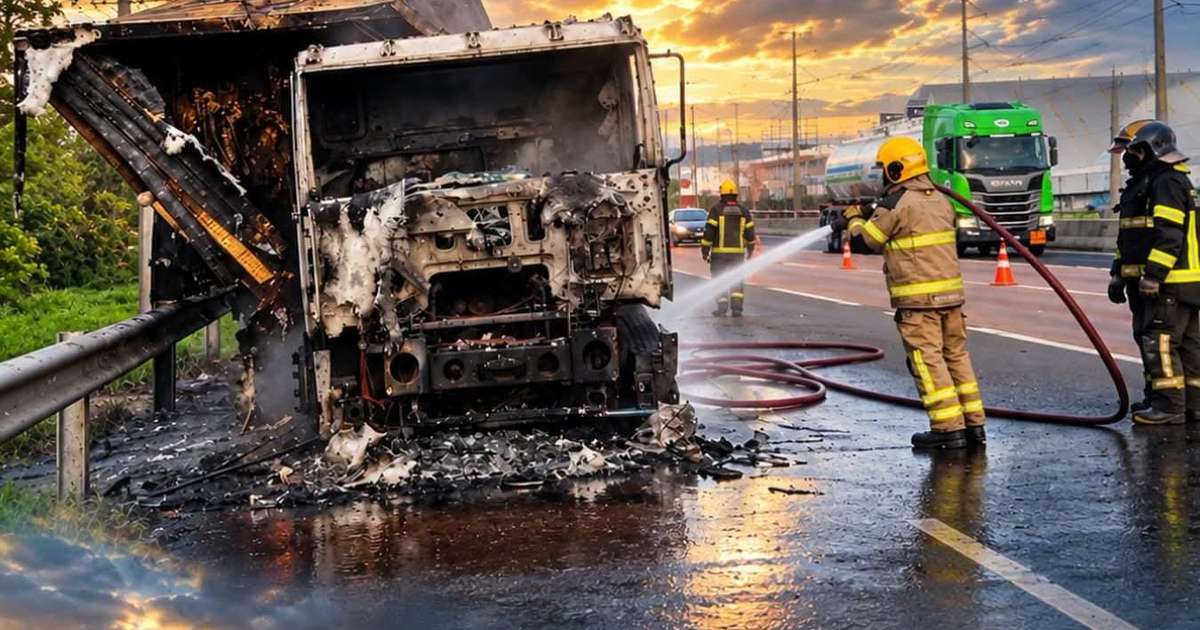 Caminhão com 3 toneladas de carne pega fogo na freeway, próximo à Arena do Grêmio