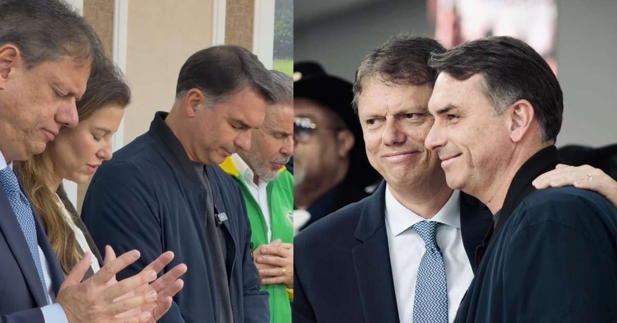 Ao lado de Tarcísio, Flávio participa de culto na Igreja Mundial e fala em 'espada da Justiça na Praça dos Três Poderes'