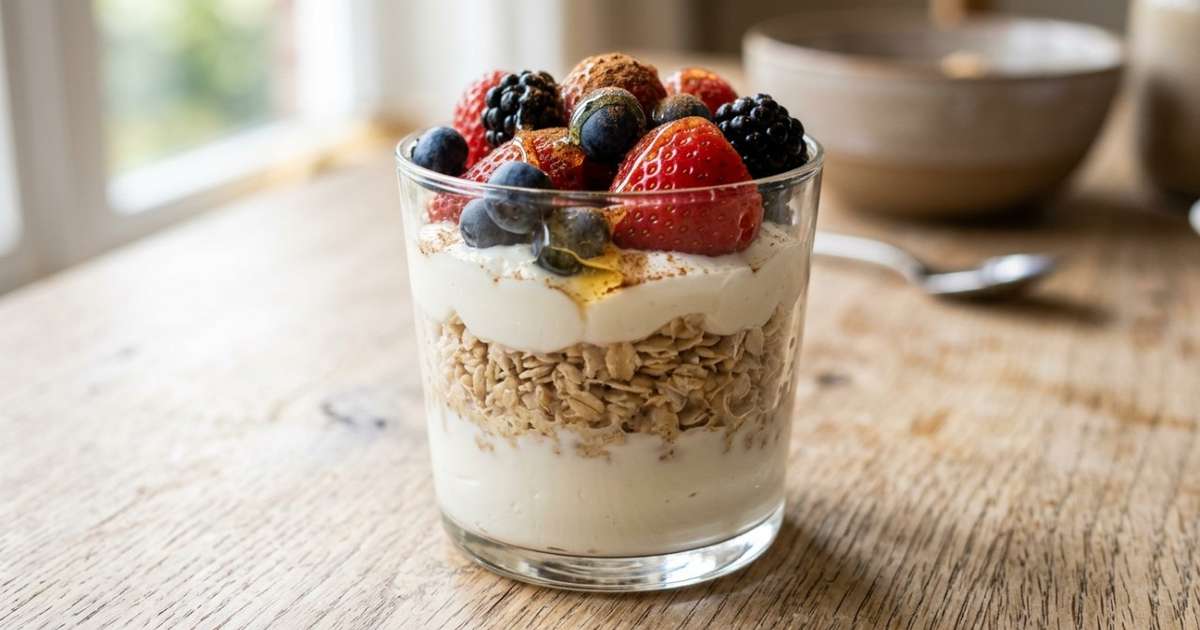Frutas vermelhas, aveia e iogurte grego em camadas: esse café da manhã fica pronto em 10 minutos e entrega 16 gramas de proteína e 6 gramas de fibras por porção