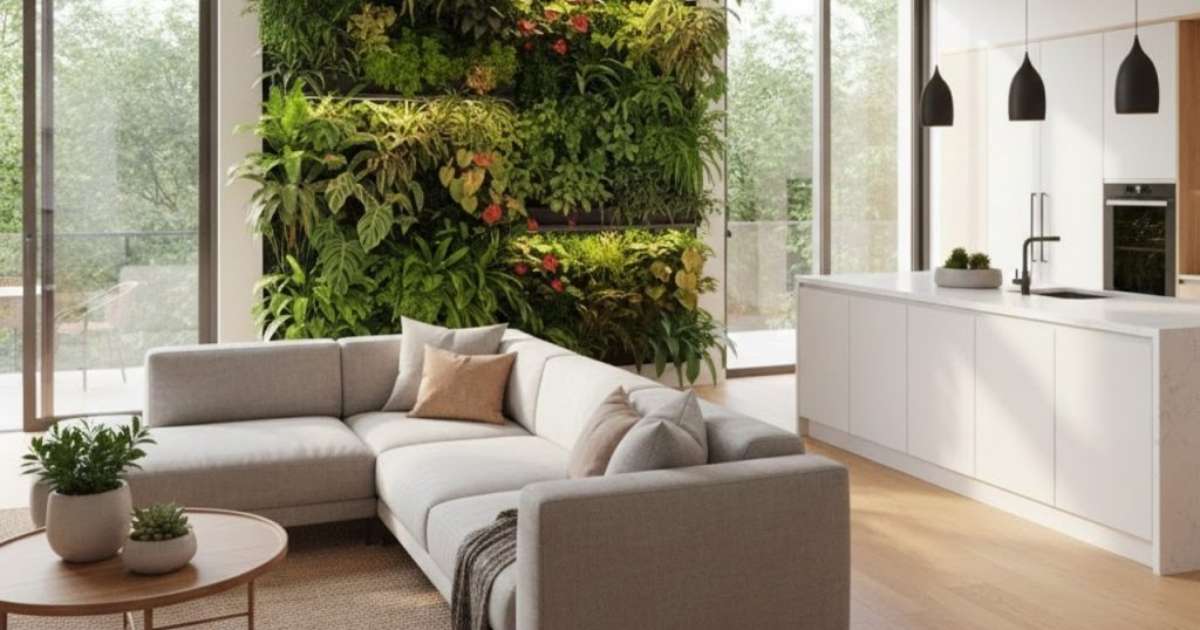 Parede verde transforma sala integrada à cozinha em um ambiente biofílico moderno