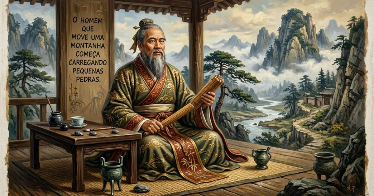 Confúcio sobre como pequenas atitudes repetidas constroem uma vida melhor: "O homem que move uma montanha começa carregando pequenas pedras"