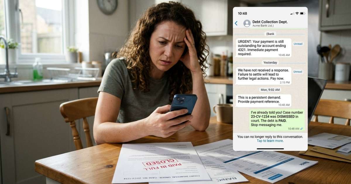 Banco continua cobrando pelo WhatsApp uma dívida que o cliente afirma já ter quitado, mesmo depois de uma ação judicial de cobrança ser encerrada; mensagens insistentes sem respaldo contratual podem terminar em indenização