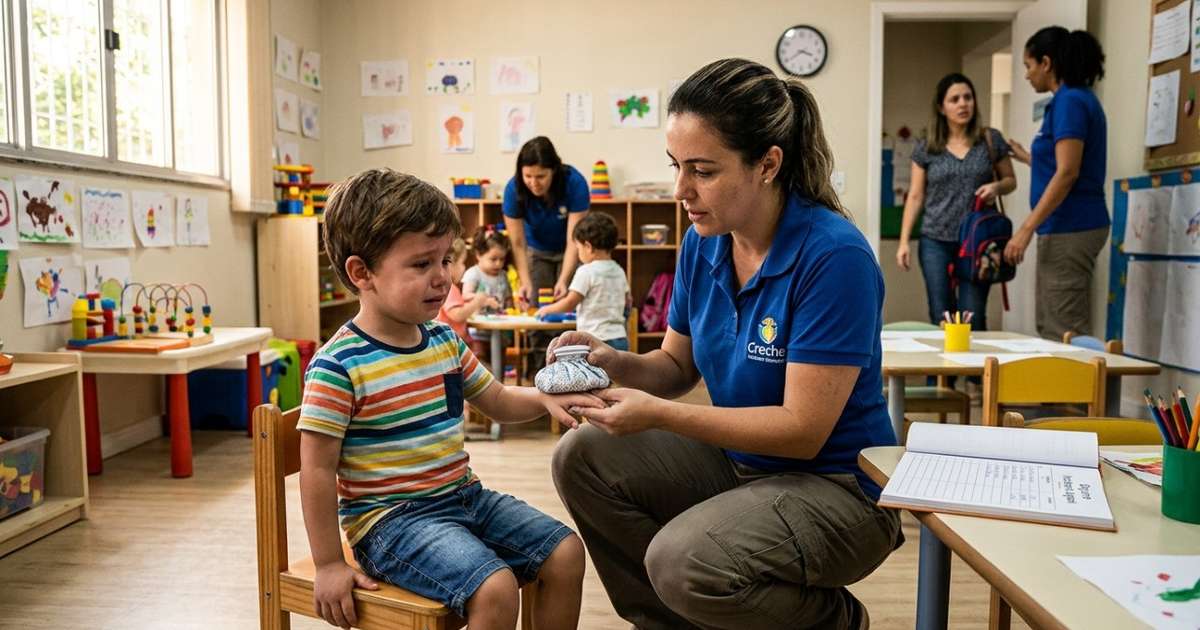 Creche percebe que uma criança de 3 anos machucou o dedo, coloca gelo no local e demora horas para avisar a mãe; a demora em buscar atendimento após um acidente pode virar discussão judicial sobre omissão, despesas e danos morais