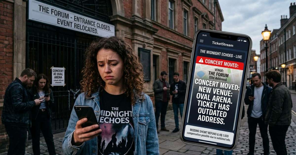 Aplicativo de ingressos mantém o endereço antigo no bilhete digital após a mudança do local de um show, fãs seguem a informação exibida e perdem a apresentação; um dado desatualizado no canal oficial pode gerar reembolso e R$ 1,5 mil para cada consumidor