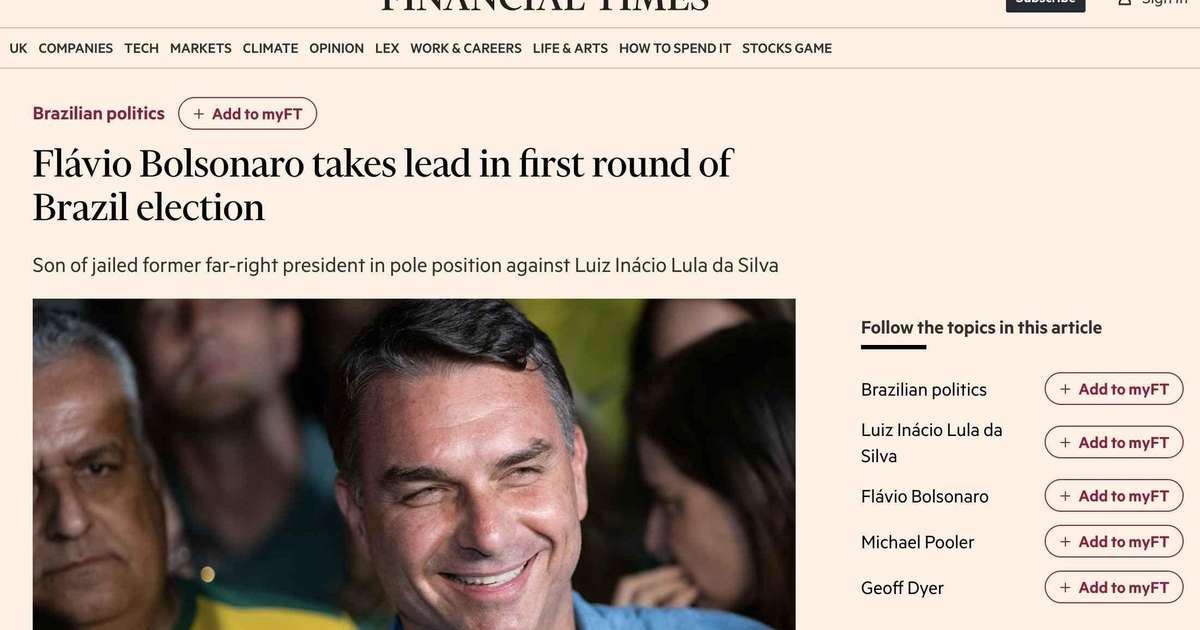 'Virada surpreendente': como imprensa internacional repercutiu vitória de Flávio Bolsonaro sobre Lula no 1º turno