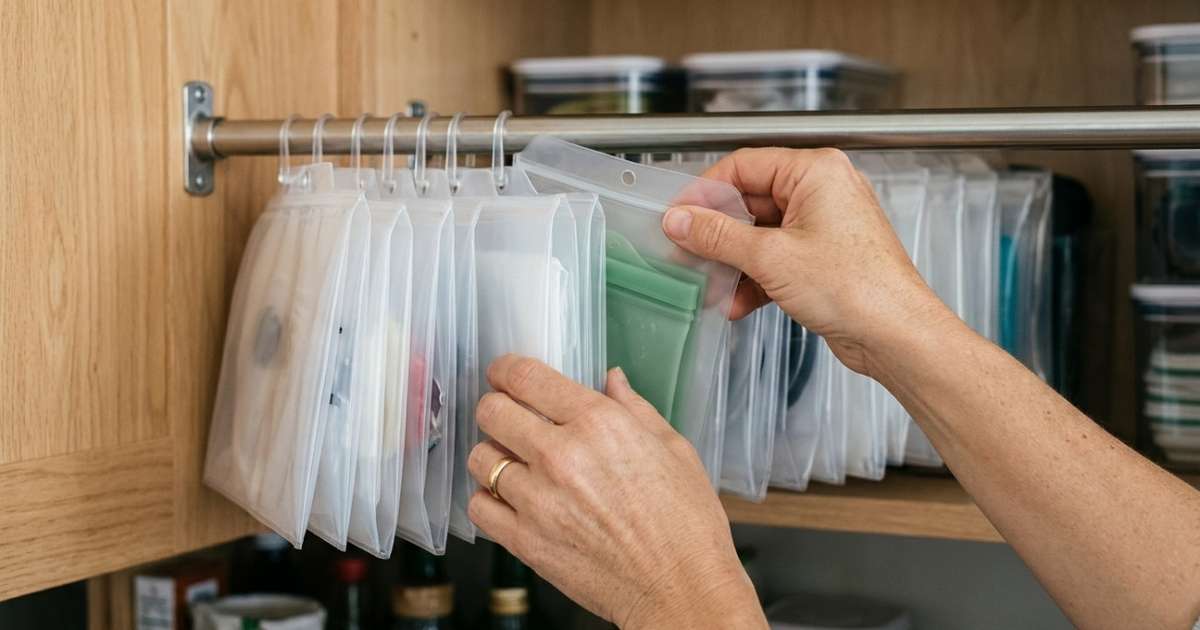 Guardar sacos de lixo embolados no armário parece normal, mas pendurá-los em um cabide economiza espaço e facilita pegar 1 por vez