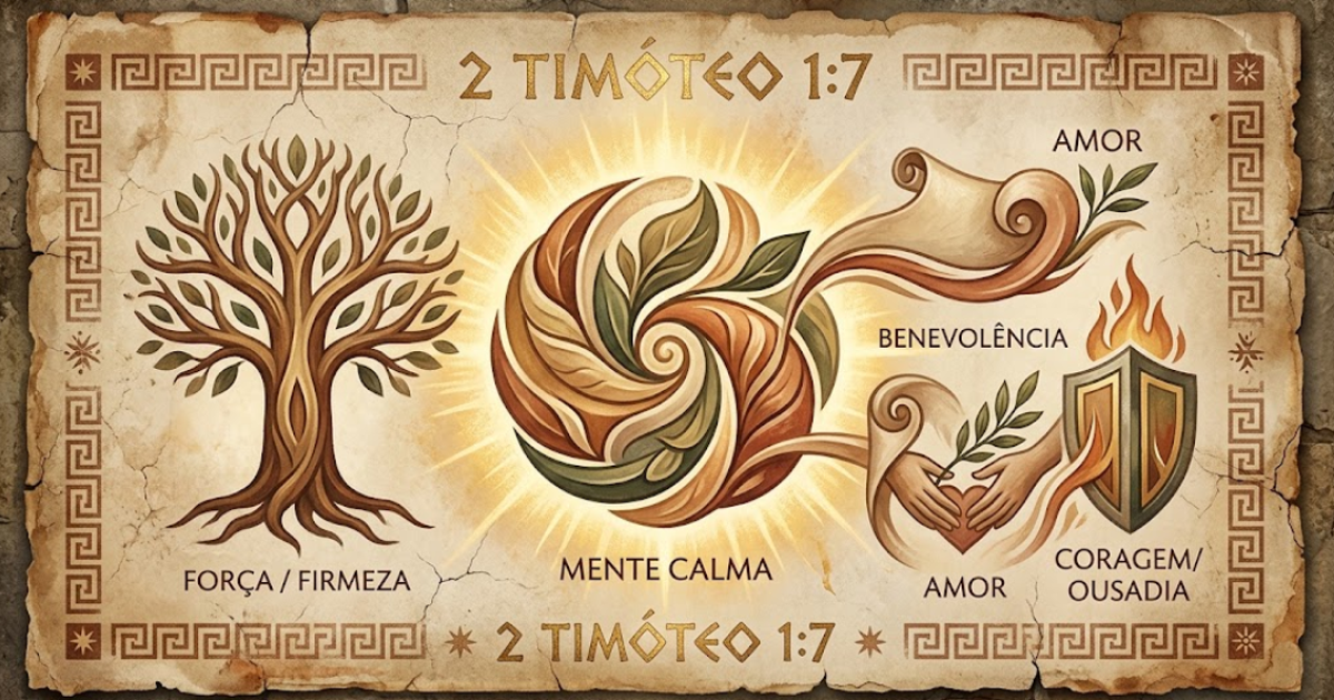 2 Timóteo 1:7, da Bíblia, sobre força interior e coragem: "Porque Deus não nos deu um espírito de covardia, mas de poder, de amor e de domínio próprio". Uma reflexão sobre superar a insegurança e assumir o controle da própria vida