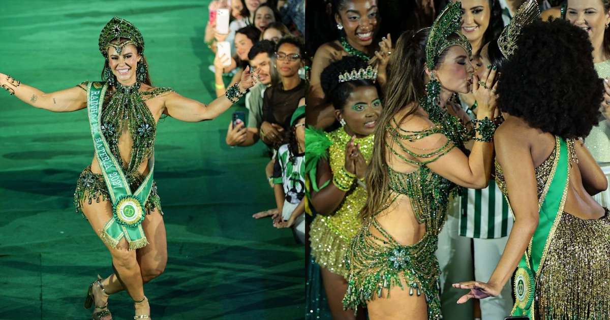 'É a melhor do mundo': Paolla Oliveira beija Iza ao receber coroa de Rainha de Bateria da Imperatriz Leopoldinense e leva web ao delírio com muito samba no pé; atriz retorna à Sapu