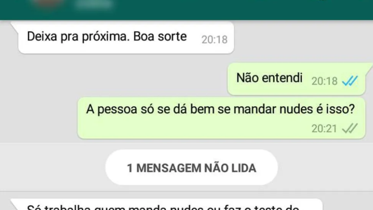 Mulher relata ter sido assediada durante processo seletivo: 'Só trabalha  quem manda nude'