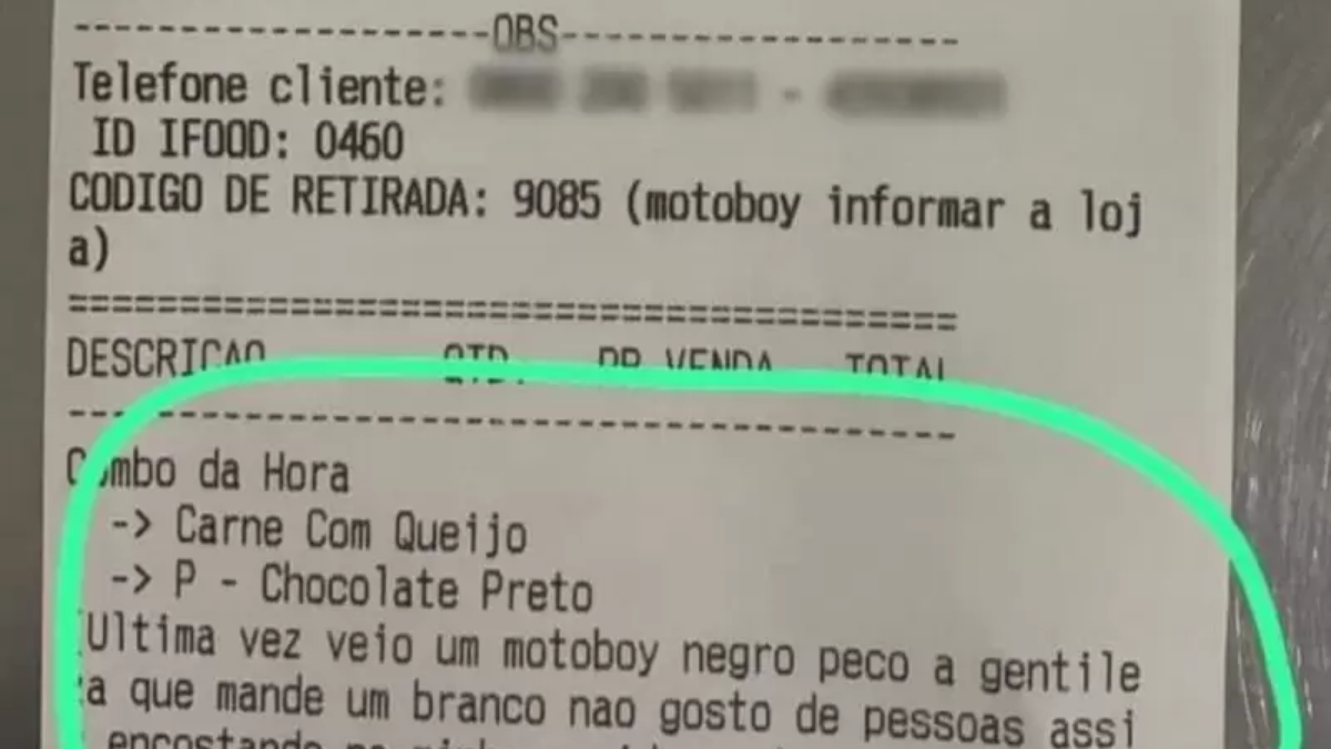 Mandem entregador branco, não gosto de pretos”, escreve cliente em