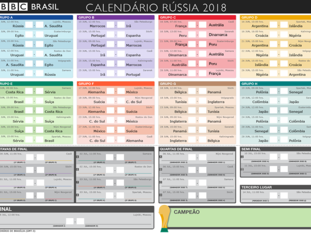 Calendário da Copa do Mundo: veja tabela com os jogos das