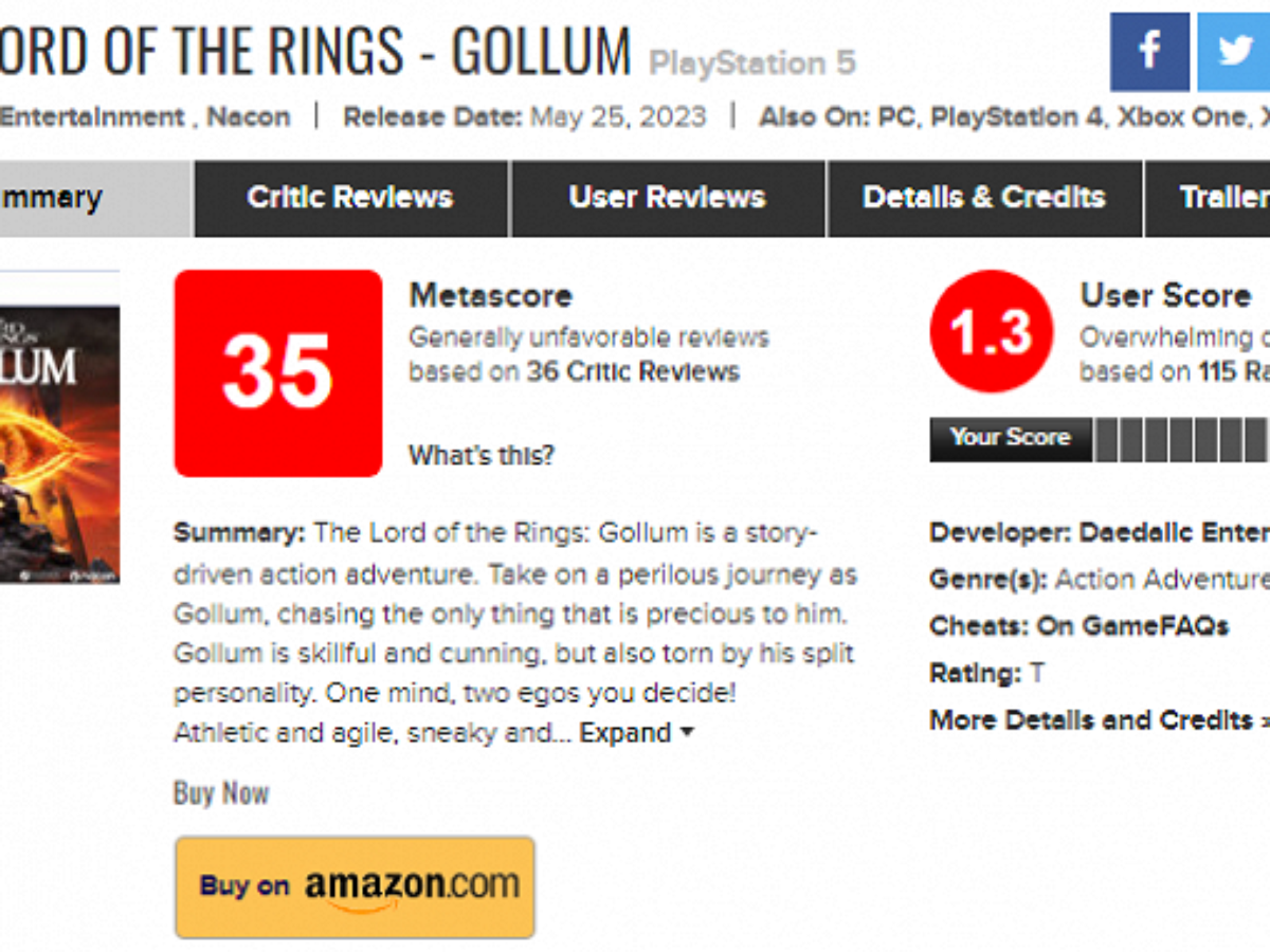 The Lord of the Rings Gollum é o pior do ano no Metacritic