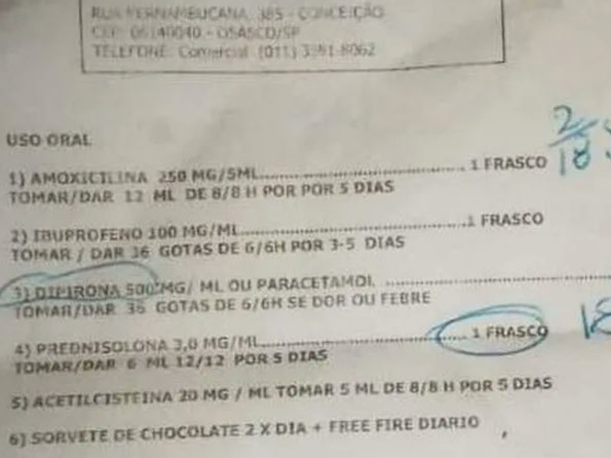 Médico receita sorvete de chocolate e jogo 'Free Fire' para criança com  sintomas gripais em UPA da Grande SP, diz mãe, São Paulo