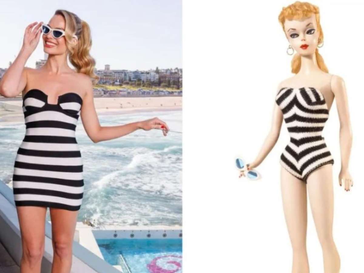 Uma boneca barbie com uma roupa de verão da moda curtindo uma