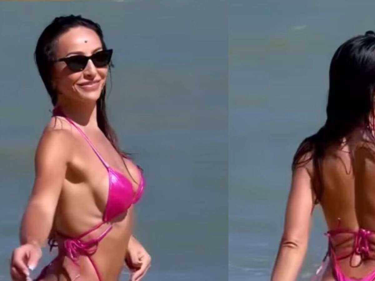 Sabrina Sato corre na praia, empina o bumbum com biquíni rosa cavadíssimo e  deixa fãs babando. Veja fotos!