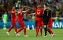 Time belga comemora a classificação para a semi-final da Copa do Mundo, após vencer o Brasil por 2 a 1