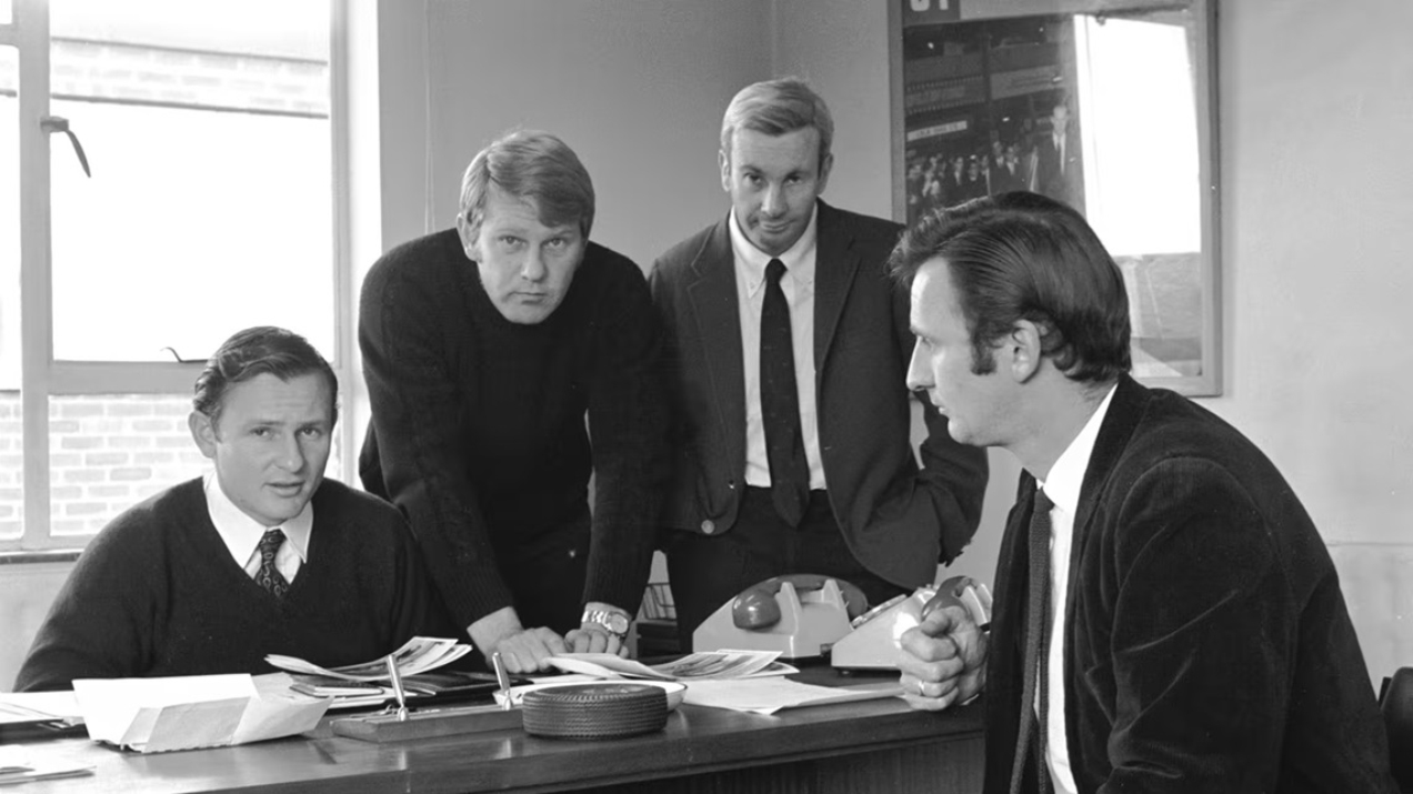 A diretoria da McLaren em 1970: Bruce McLaren, Tyler Alexander, Teddy Mayer e Phil Kerr