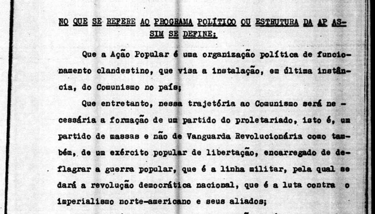 Trecho do processo em que a Justiça Militar descreve a organização Ação Popular (AP)