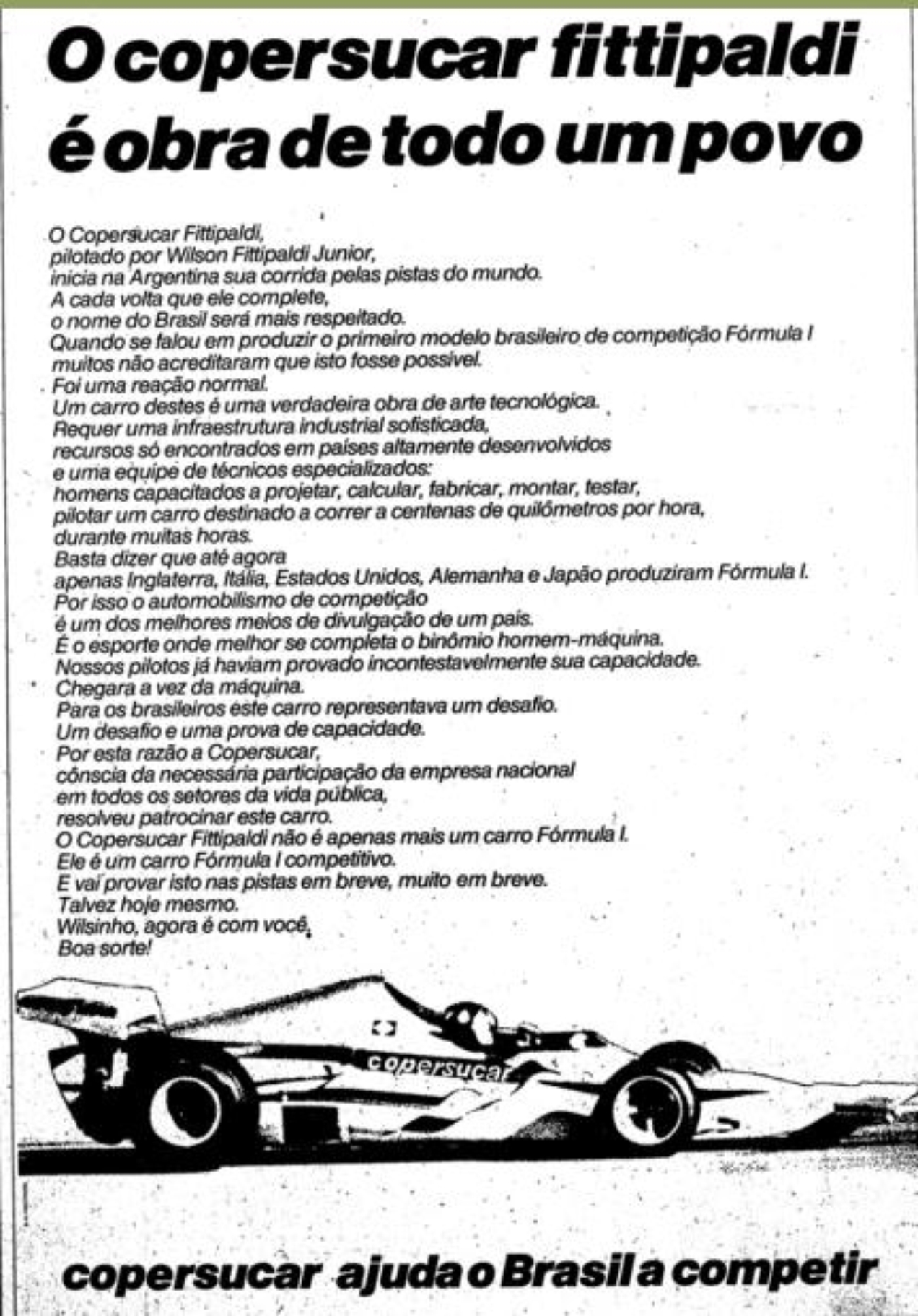 Propaganda da Copersucar sobre o projeto F1
