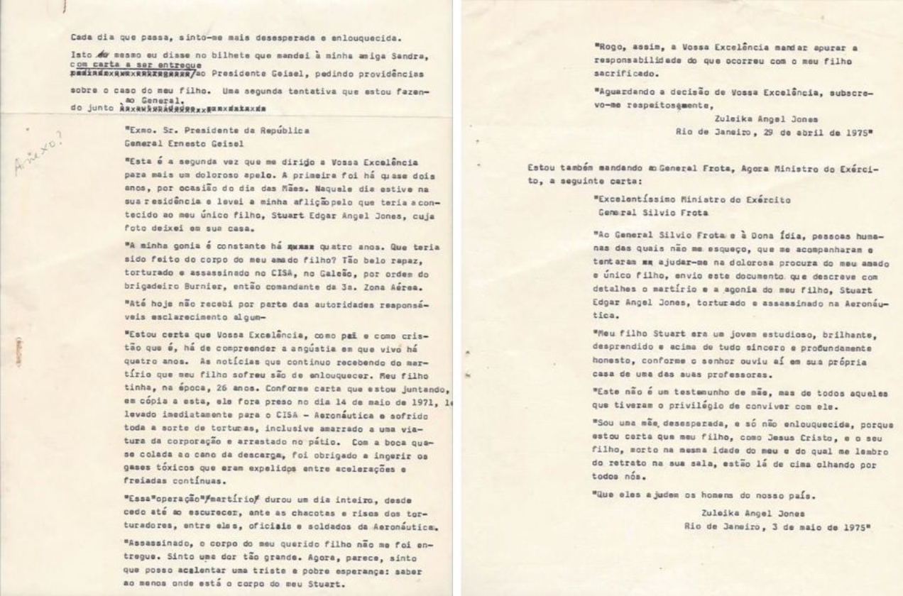 Cópia da segunda carta enviada por Zuzu Angel ao então Presidente da República, General Ernesto Geisel, questionando-o sobre o desaparecimento de Stuart Angel