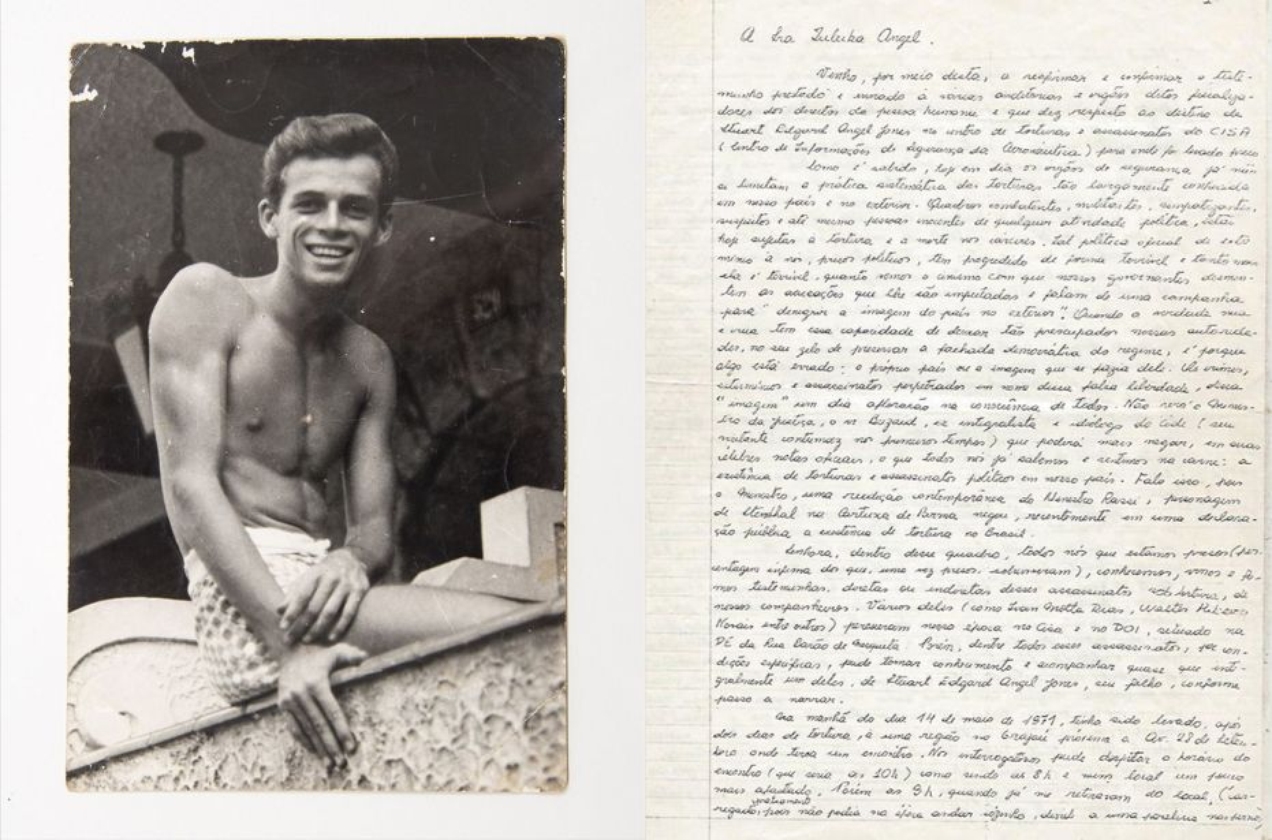 À esquerda, Stuart Angel; à direita, trecho de carta de Alex Pollari para Zuzu. O documento, escrito pelo militante preso, é o primeiro a confirmar a prisão e morte de Stuart no Centro de Informações da Aeronáutica
