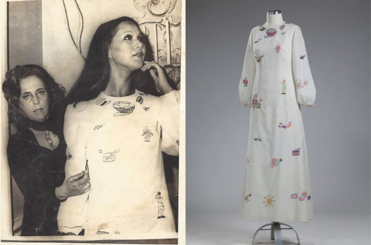 Zuzu Angel ajustando o vestido de protesto durante o desfile-performance na residência do cônsul brasileiro em Nova York, em 1971. A coleção 'International Dateline III' denunciava o regime militar e tornava público o caso de Stuart. A partir desse evento, ela passou a vestir luto