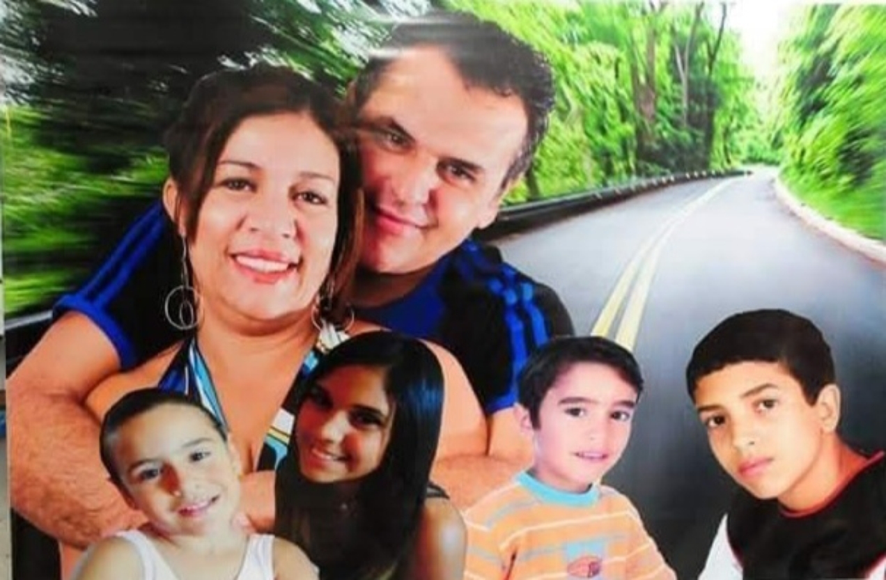 Uma montagem de Vânia, o marido, Raimundo Jarismar, o 'Jarinho', e os quatro filhos do casal; da esquerda para a direita: Ana Julia, Ana Beatriz, Pedro e Rayran