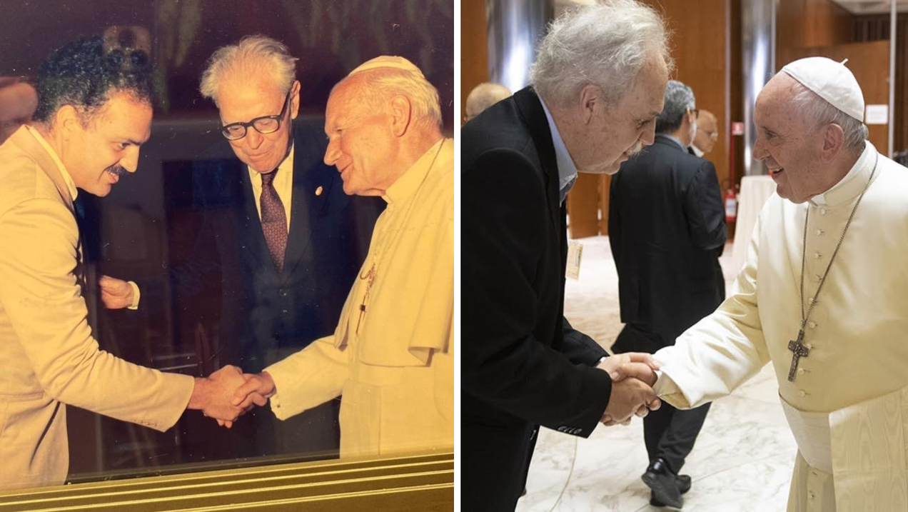 Carlos Nobre j&aacute; se encontrou com dois papas (Jo&atilde;o Paulo II, &agrave; esquerda, e Francisco, &agrave; direita) e deve conhecer Le&atilde;o XIV em breve