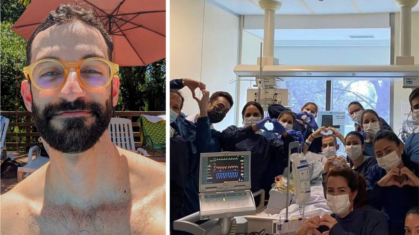 À direita, Joe já recuperado, com um novo coração; à esquerda, toda a equipe médica no dia do transplante  Foto: Arquivo pessoal/ Montagem Terra