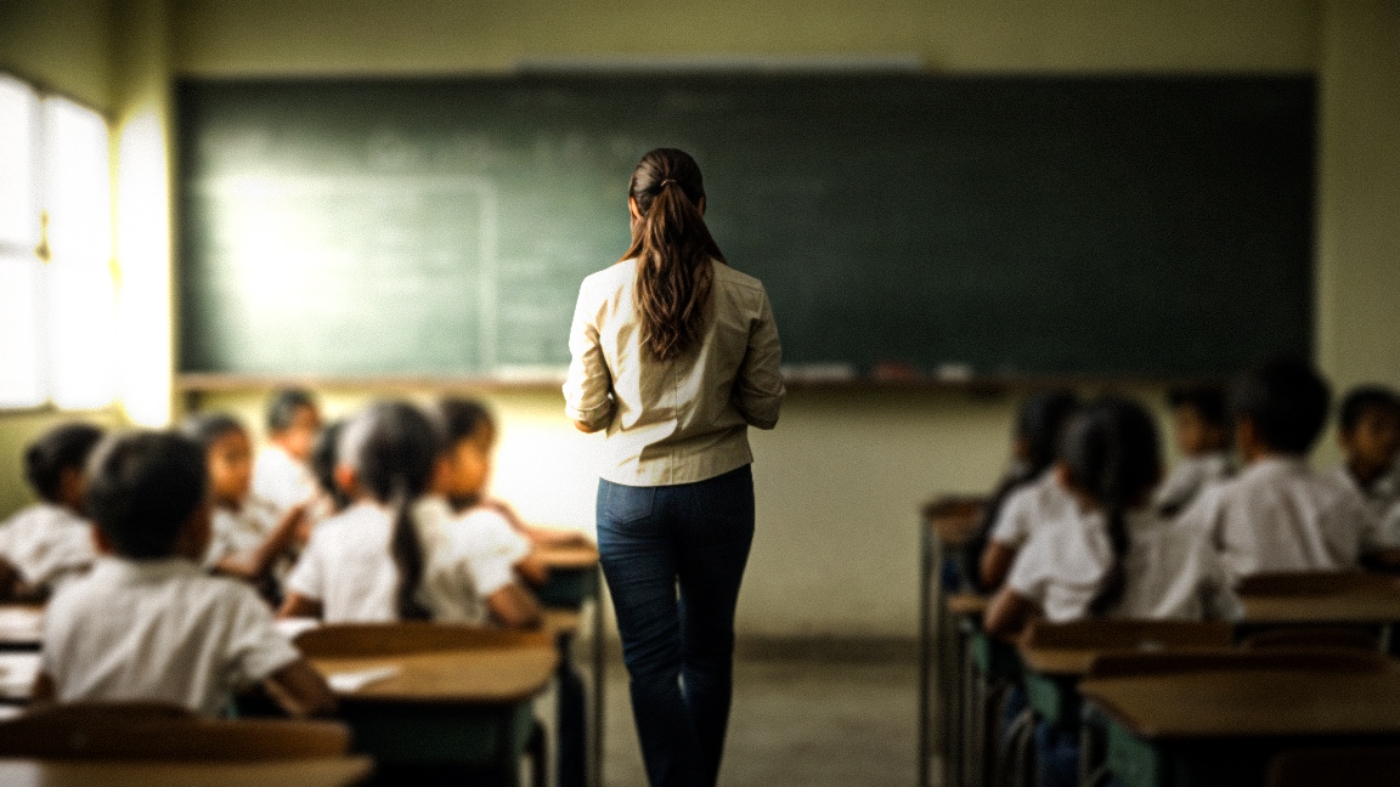 Professora em sala de aula  Foto: Imagem gerada com inteligência artificial (IA)