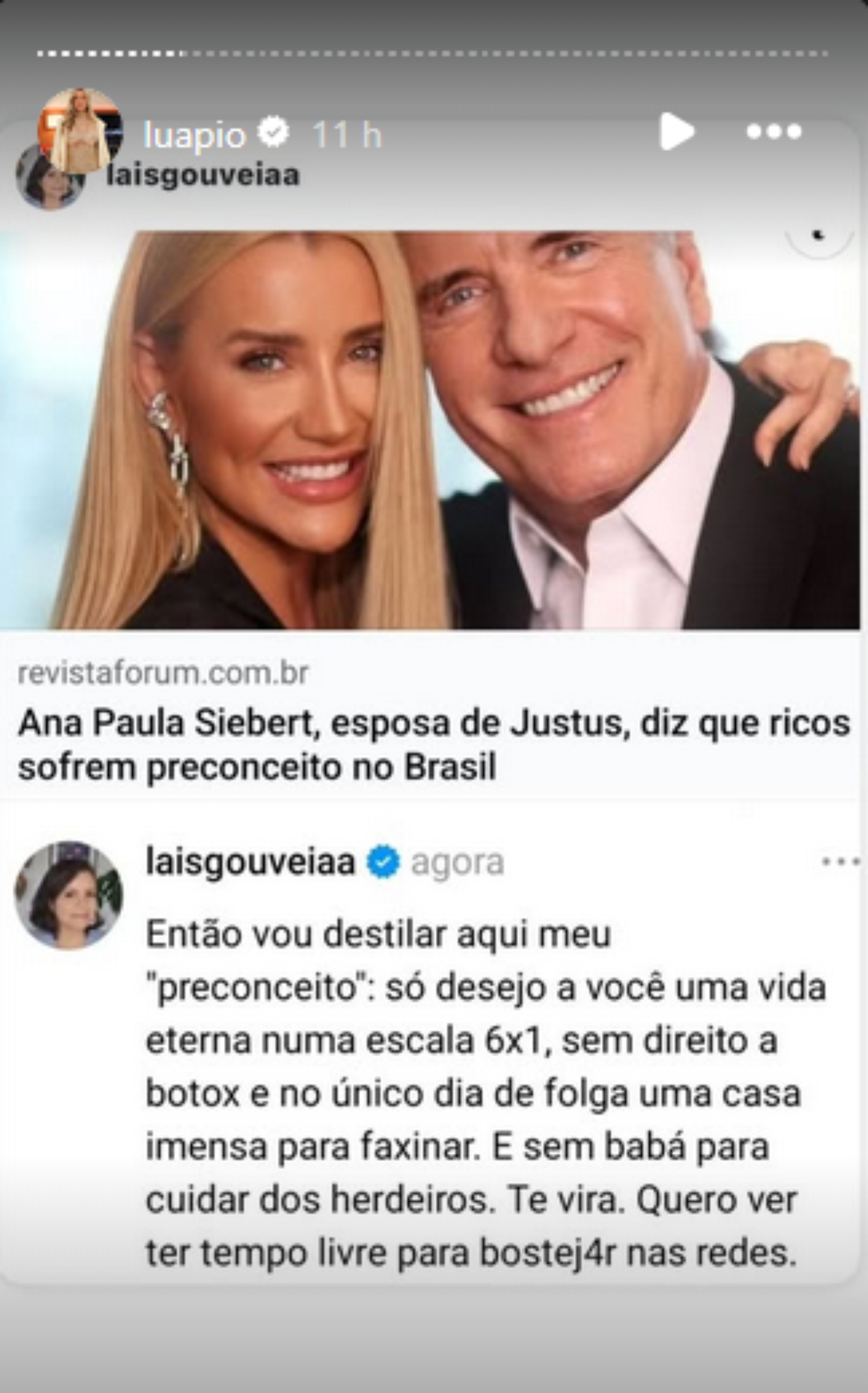 Luana Piovani responde Ana Paula Siebert sobre preconceito contra ricos