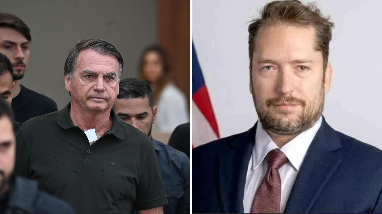 Imagem de Darren Beattie, assessor do governo americano, em frente ao Departamento de Estado, contrastada com a fachada do STF em Brasília.