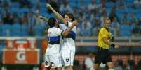 Jogadores do Huachipato comemoram gol na Arena do Grêmio  Foto: EFE