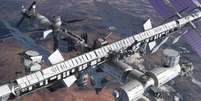 Concepção artística mostra o espectrômetro magnético instalado na Estação Espacial Internacional   Foto: AP