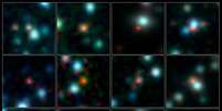 Imagem mostra registro de algumas galáxias observadas pelo Alma  Foto: Alma (ESO/NAOJ/NRAO), J. Hodge et al., A. Weiss et al., Nasa Spitzer Science Center / Divulgação