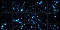 Imagem mostra detalhadamente uma seleção destas galáxias observadas pelo ALMA (em vermelho). As observações ALMA, nos comprimentos de onda do submilímetro, encontram-se sobrepostas a uma imagem infravermelha da região, obtida pela câmara IRAC a bordo do Telescópio Espacial Spitzer (em azul)  Foto: ALMA (ESO/NAOJ/NRAO), APEX (MPIfR/ESO/OSO), J. Hodge et al., A. Weiss et al., NASA Spitzer Science Center / Divulgação