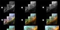 Sequência mostra a produção de uma imagem do Hubble. Os primeiros quadros são de três exposições diferentes e registram enxofre (1, em vermelho na imagem final), hidrogênio (2, verde) e oxigênio (3, azul). O quadro 4 mostra a primeira tentativa de uma imagem composta, que é aperfeiçoada até a composição final (9)  Foto: ESA / Divulgação