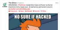 Imagem mostra tuíte feito pela conta do The Onion em que os hackers brincam com a situação  Foto: Reprodução