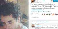 <p>Felipe Andreoli estava no restaurante com sua fam&iacute;lia e publicou sobre o arrast&atilde;o em redes sociais</p><p>&nbsp;</p>  Foto: Reprodu&ccedil;&atilde;o