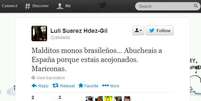 <p>"Malditos macacos brasileiros, vaiam a Espanha porque estão aterrorizados", escreveu uma torcedora espanhola</p>  Foto: Twitter / Reprodução