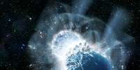 Concepção artística mostra a colisão das estrelas de nêutrons  Foto: Dana Berry, SkyWorks Digital, Inc. / Divulgação
