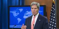O secretário de Estado americano, John Kerry, em pronunciamento à imprensa sobre o uso de armas químicas na Síria  Foto: AP
