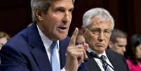 Secretário de Defesa do EUA, Chuck Hagel, e o secretário de Estado, John Kerry, durante sessão do senado americano nesta terça-feira  Foto: AP