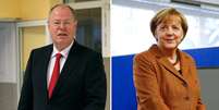 Montagem mostra os principais candidatos nas elei&ccedil;&otilde;es legislativas alem&atilde;s, Peer Steinbrueck e Angela Merkel, depositando seus votos  Foto: Reuters