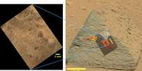 Rocha com forma de pirâmide foi achada pela sonda Curiosity. Pontos marcados em amarelo e vermelho foram analisados pelos instrumentos da sonda  Foto: Science/AAAS/Nasa / Divulgação