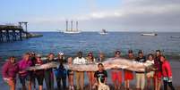 Um exemplar do lend&aacute;rio peixe-remo, o maior peixe &oacute;sseo do mundo, foi encontrado em uma praia na Ilha de Santa Catalina, na Calif&oacute;rnia. Um instrutor de uma escola de navega&ccedil;&atilde;o descobriu a carca&ccedil;a do animal enquanto mergulhava na regi&atilde;o. Com 5,4 metros, o peixe foi carregado por 15 pessoas no dia 13 de outubro  Foto: AP