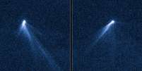 Imagem do Hubble mostra o asteroide P/2013 P5, que surpreendeu cientistas por ter caudas, como um cometa  Foto: AFP